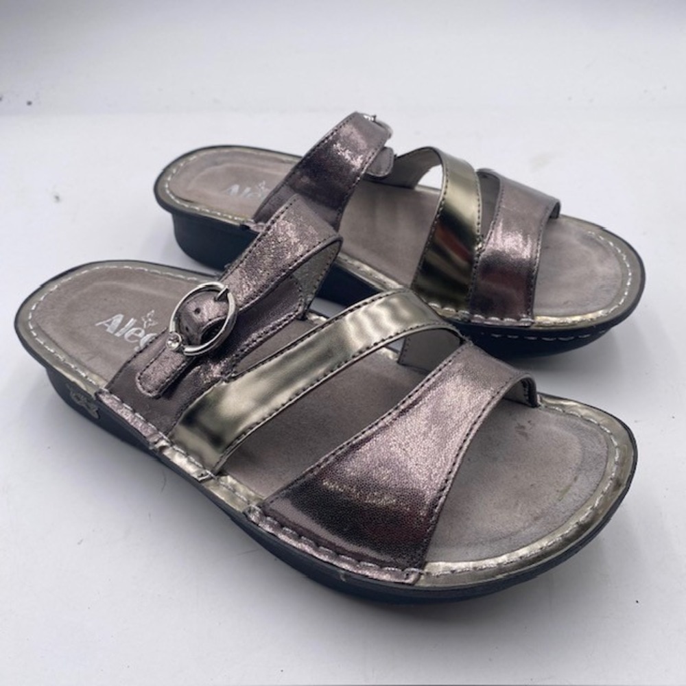 Alegria Carina Slide Sandals Womens 38 8-8.5 Pewter Metallic Leather Comfort SEO